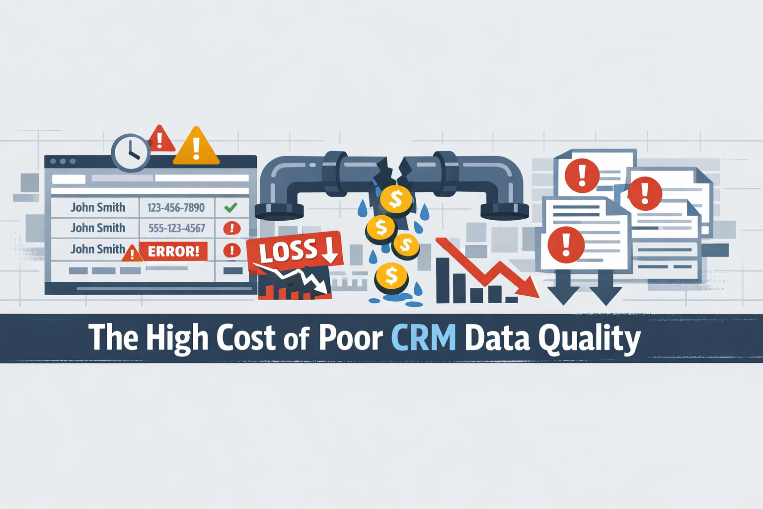 Create a bold flat vector hero banner for a B2B SaaS article titled The High Cost of Poor CRM Data QualityStyle executive analytical riskfocused enter