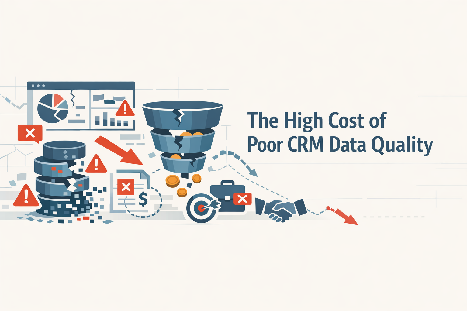 Create a clean flat vector hero banner for a B2B SaaS article titled The High Cost of Poor CRM Data QualityStyle professional analytical slightly caut