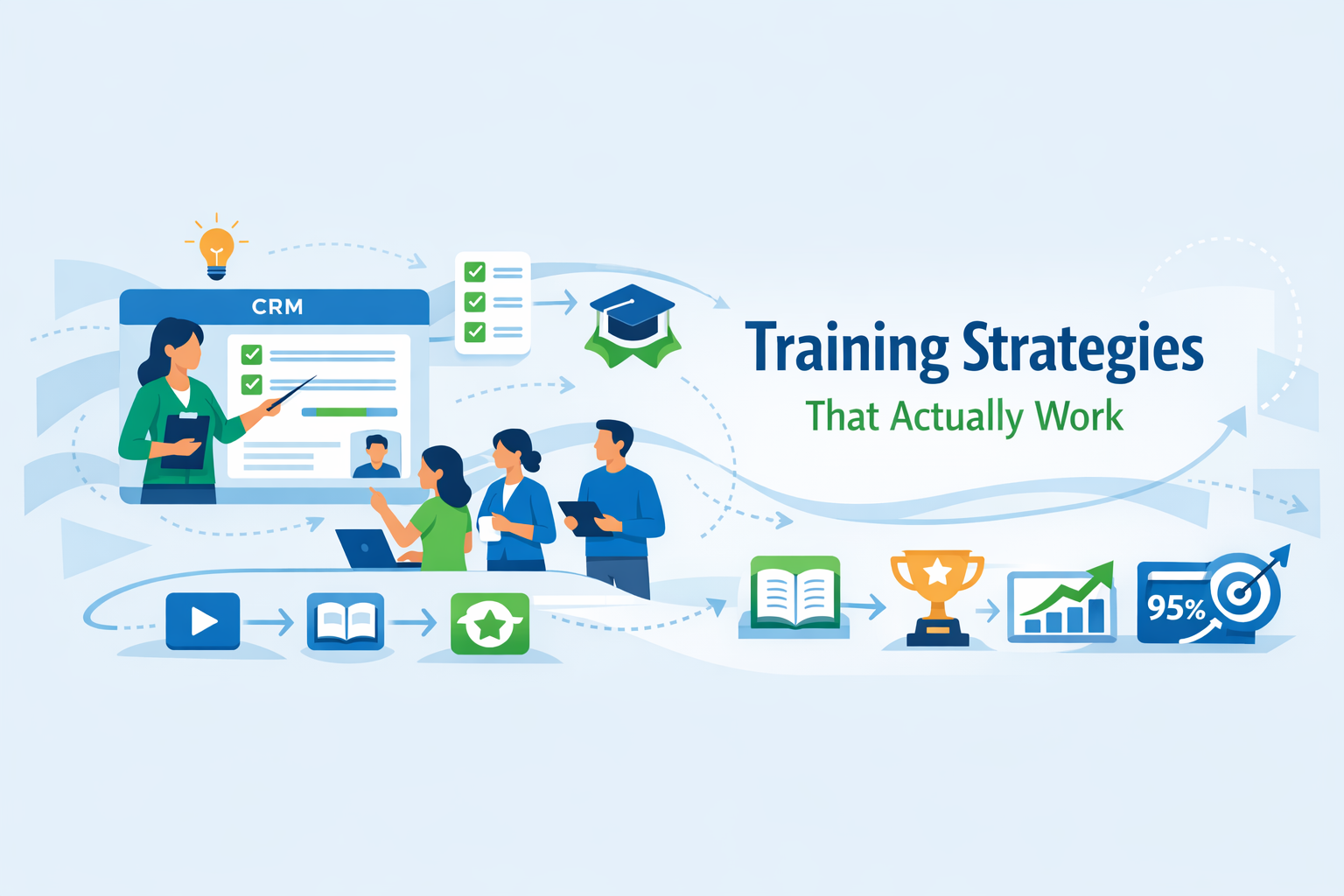 Create a clean modern flat vector hero banner for a B2B SaaS article titled Training Strategies That Actually WorkStyle practical empowering smallteam-1