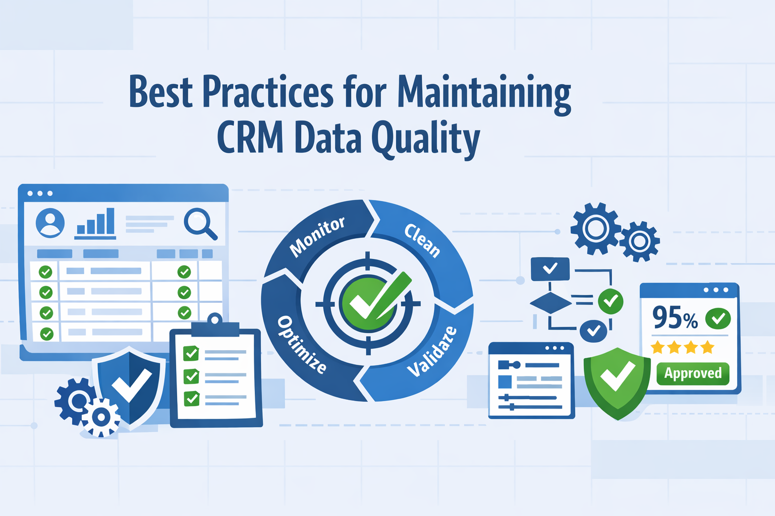 Create a clean professional flat vector hero banner for a B2B SaaS article titled Best Practices for Maintaining CRM Data QualityStyle structured oper-1