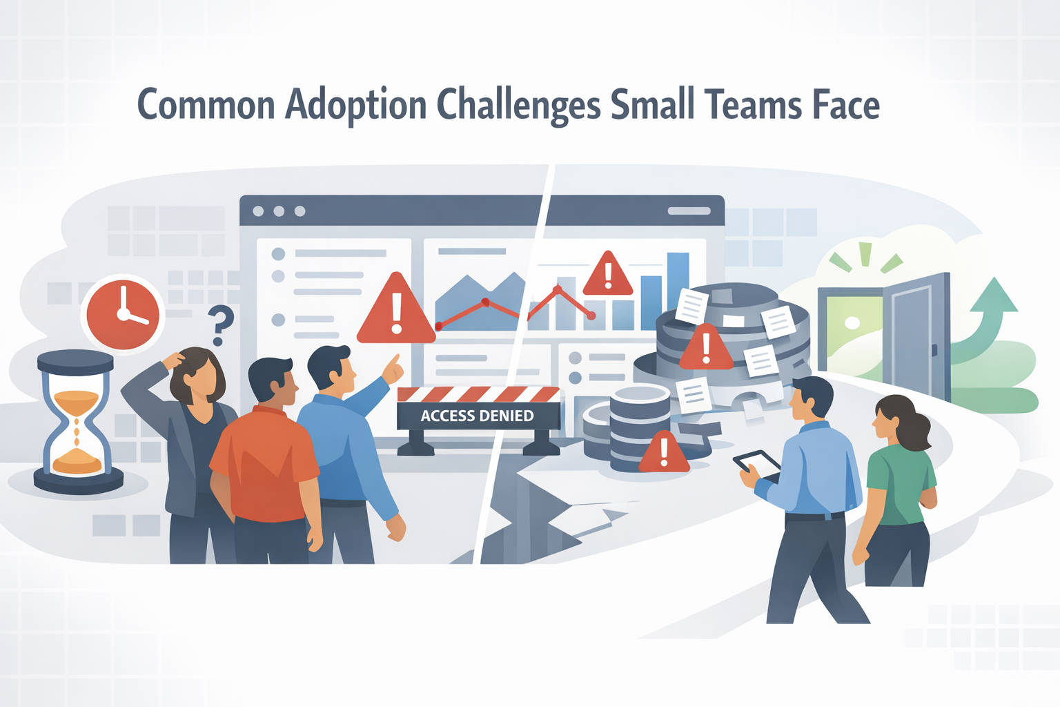 Create a clear flat vector hero banner for a B2B SaaS article titled Common Adoption Challenges Small Teams FaceStyle empathetic problemaware professi