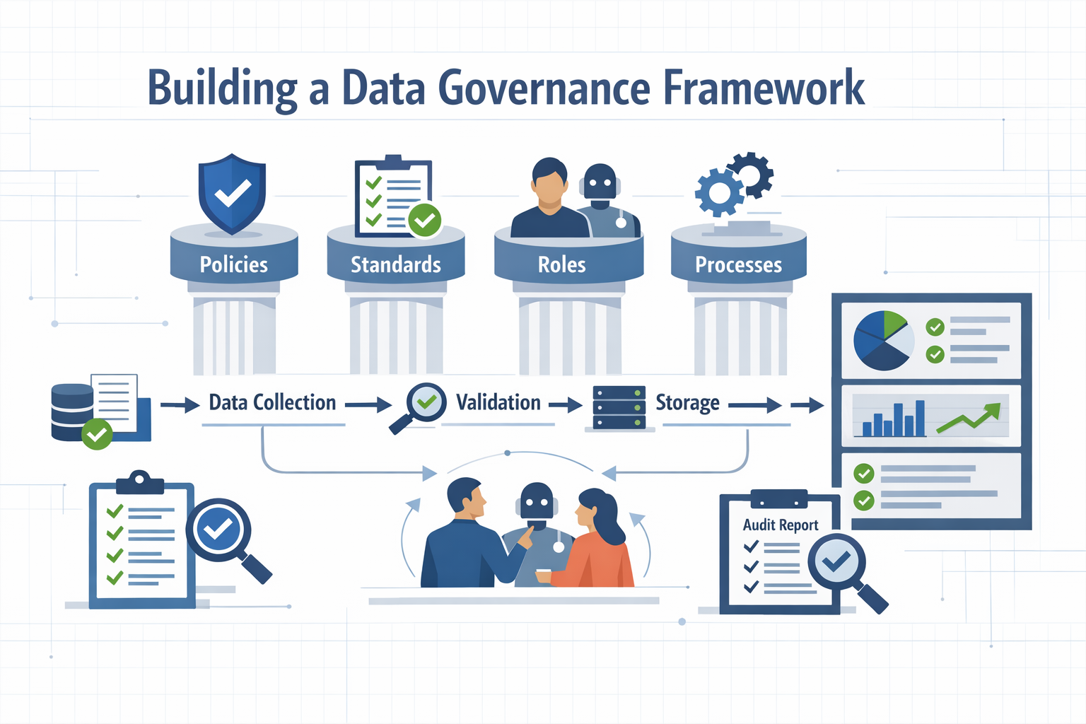 Create a modern flat vector hero banner for a B2B SaaS enterprise article titled Building a Data Governance FrameworkStyle structured professional cl-1