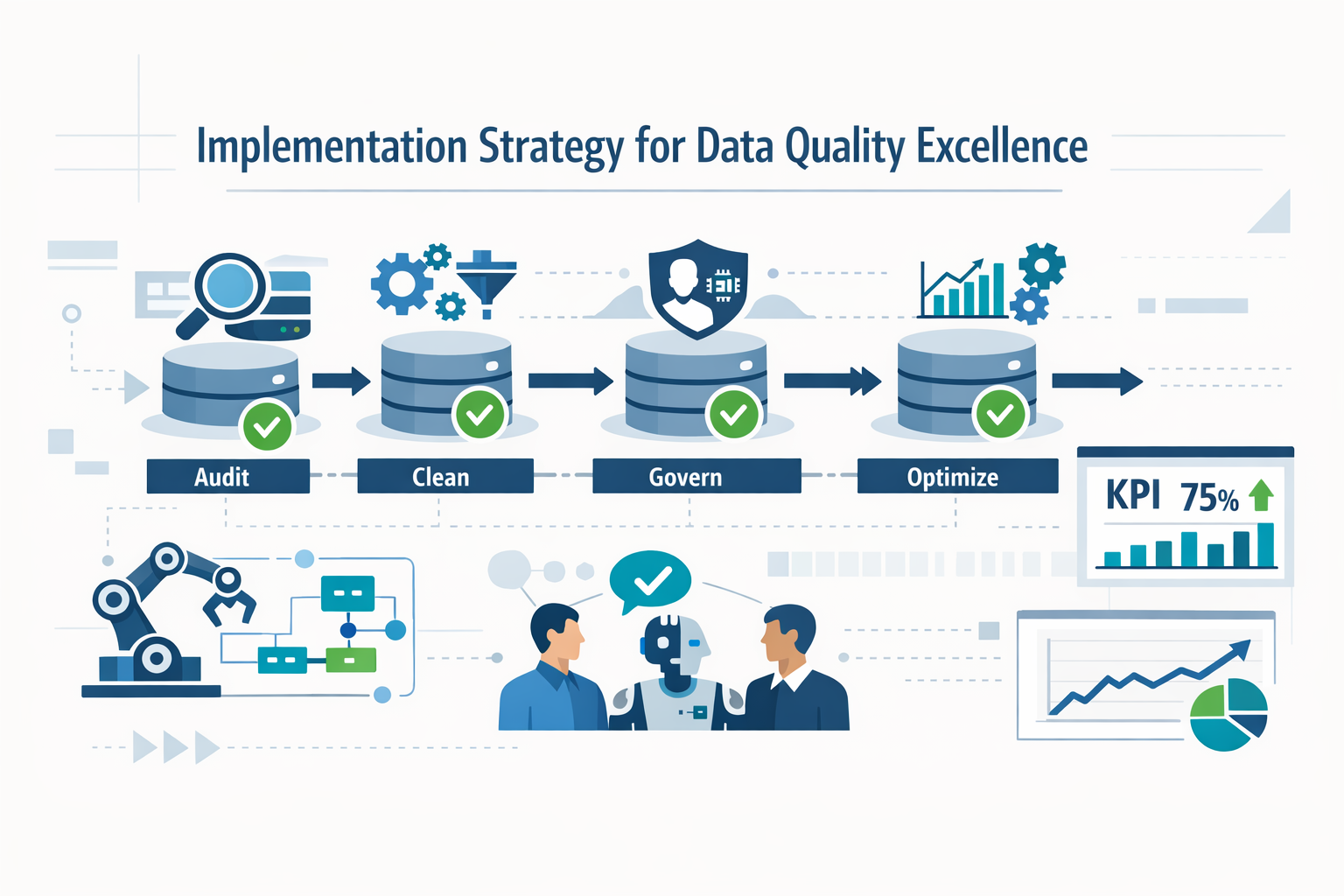 Create a modern flat vector hero banner for a B2B SaaS enterprise article titled Implementation Strategy for Data Quality ExcellenceStyle structured-1