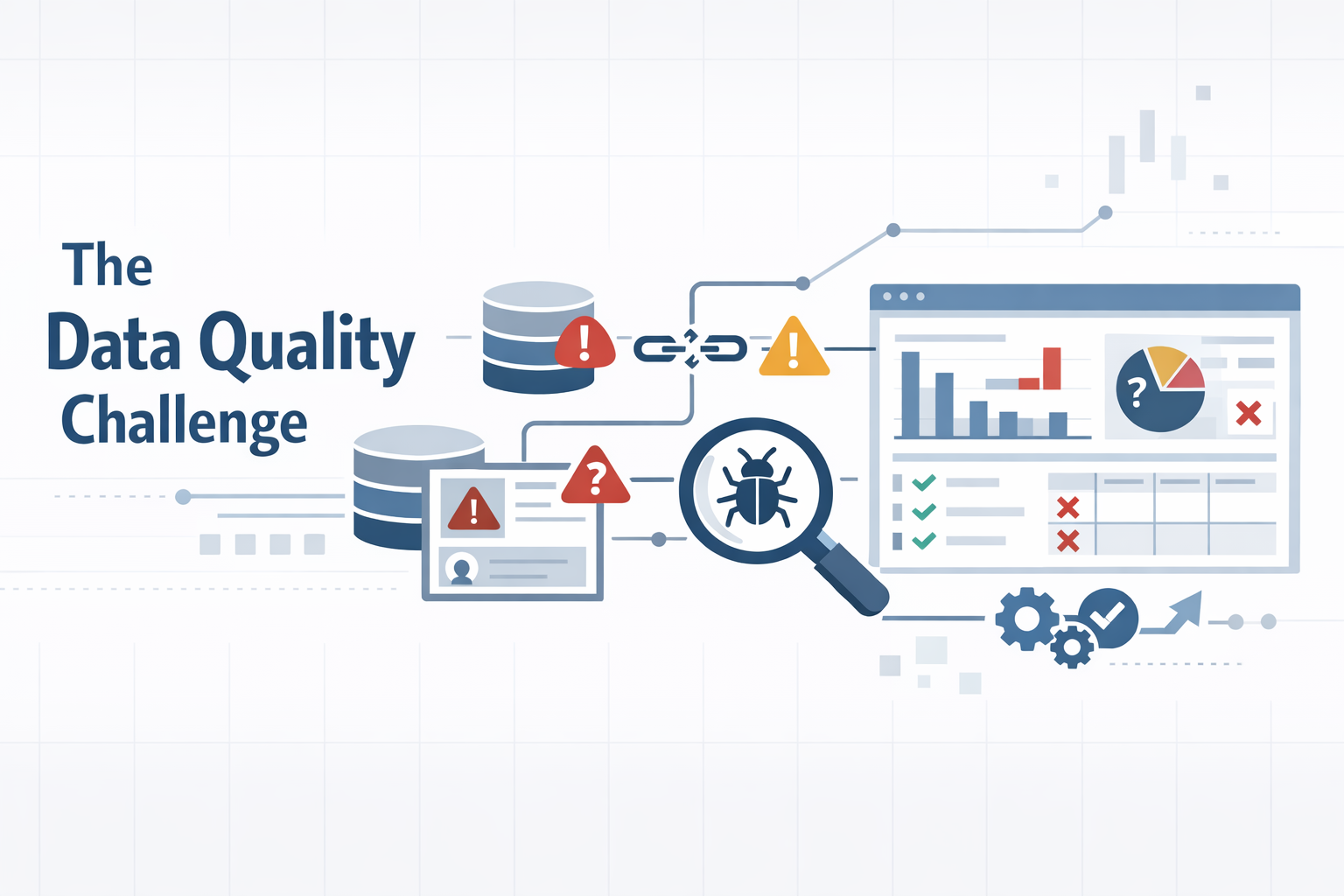 Create a modern flat vector hero banner for a B2B SaaS enterprise article titled The Data Quality ChallengeStyle analytical enterprisefocused clean f-1