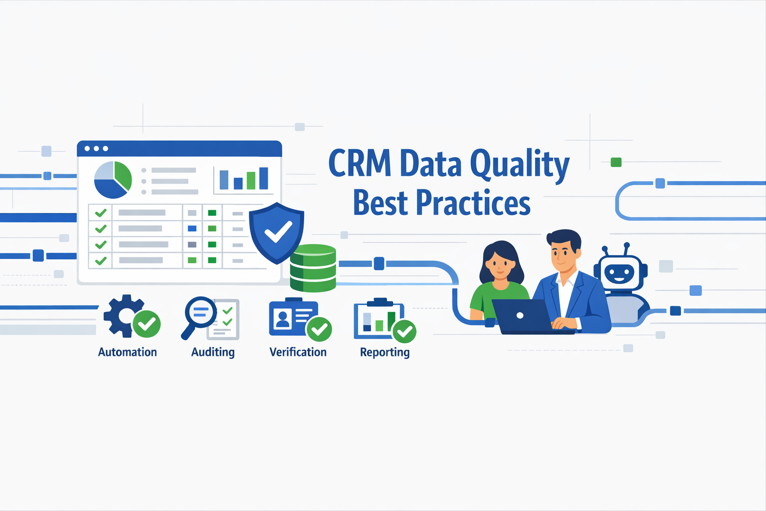 Create a modern flat vector hero banner for a B2B SaaS article titled CRM Data Quality Best PracticesStyle enterprise clean instructional flat designV