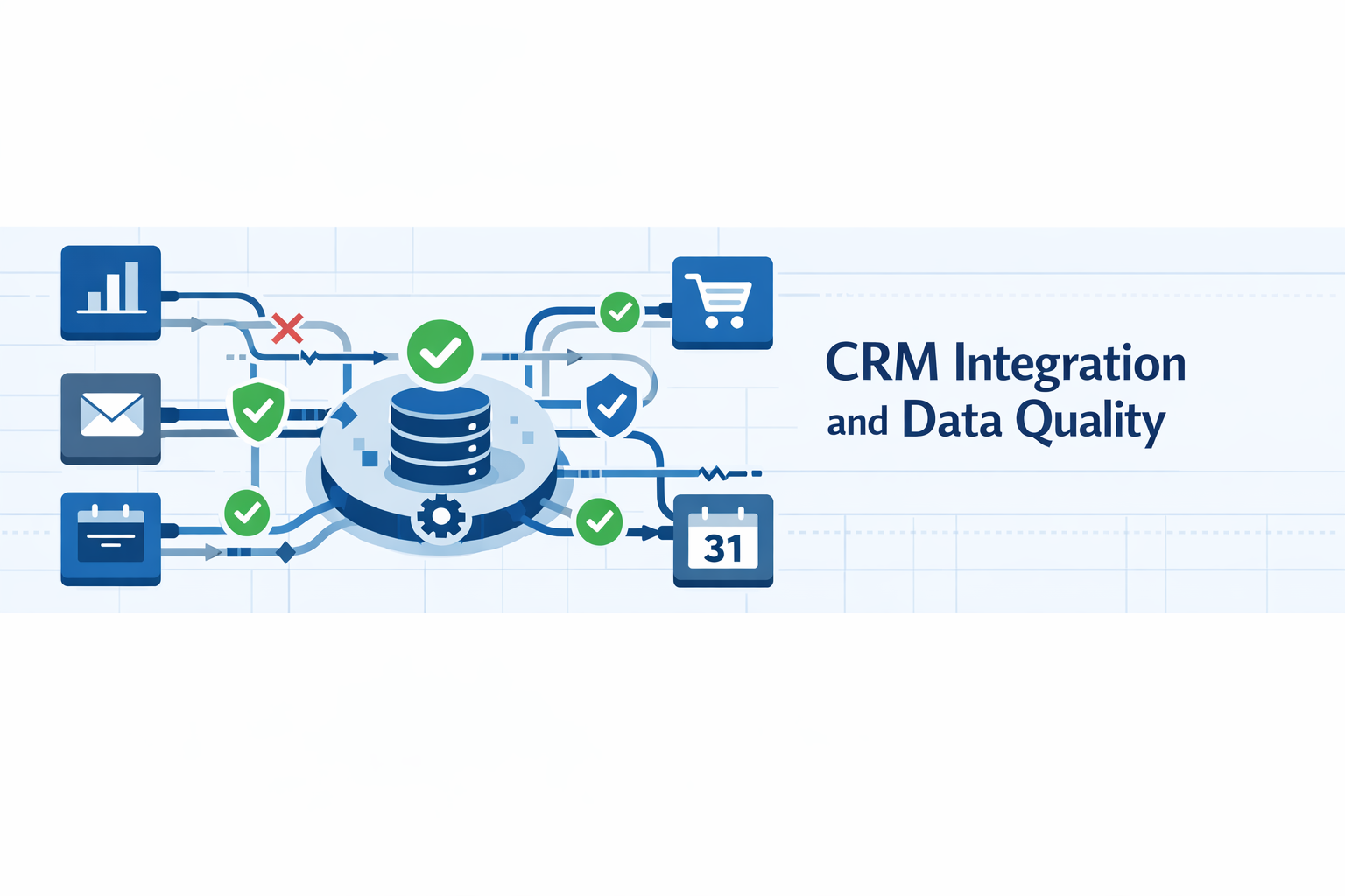 Create a modern flat vector hero banner for a B2B SaaS article titled CRM Integration and Data QualityStyle enterprise structured trustworthy and inte