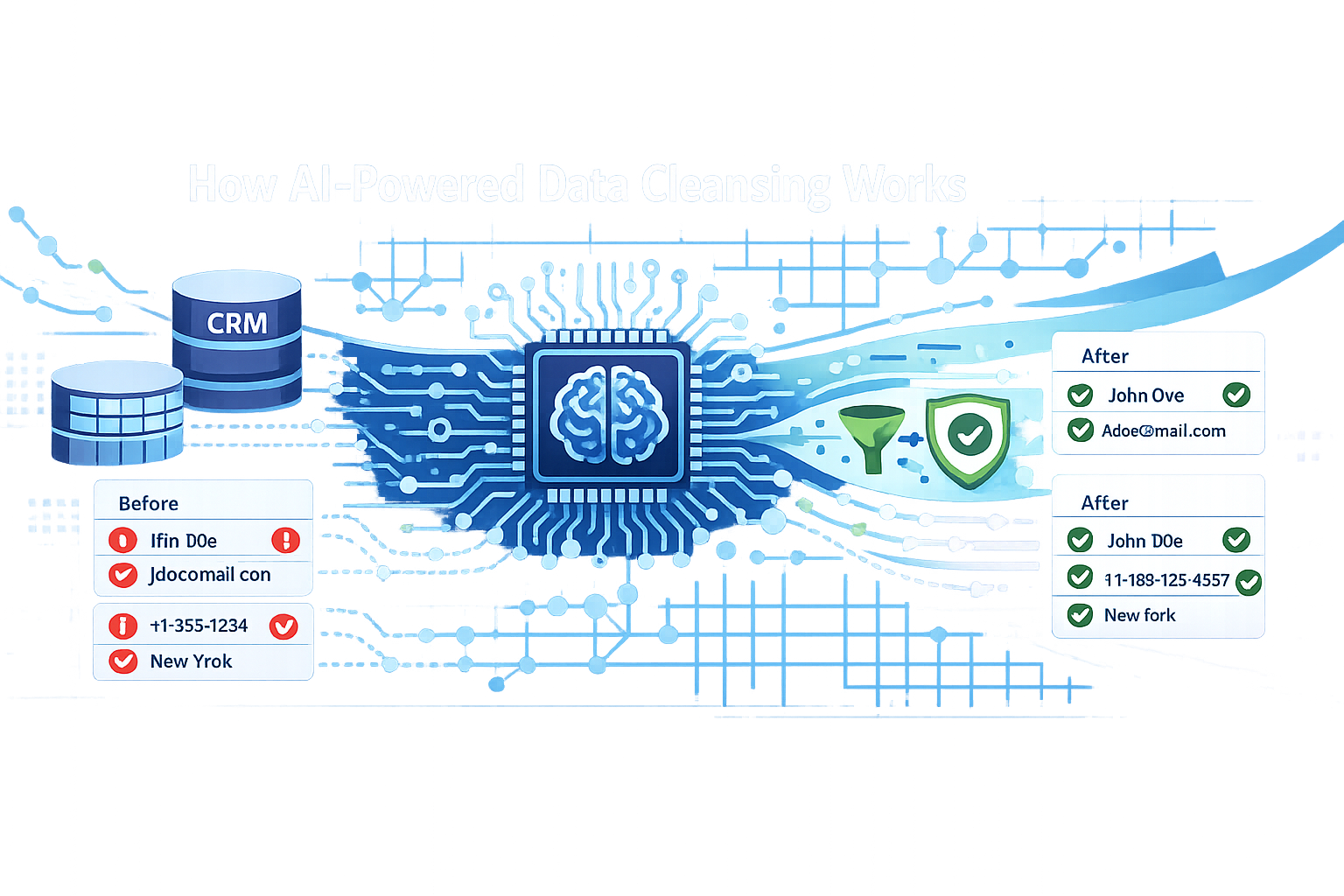 Create a modern flat vector hero banner for a B2B SaaS article titled How AIPowered Data Cleansing WorksStyle intelligent precise technical and trustw-1