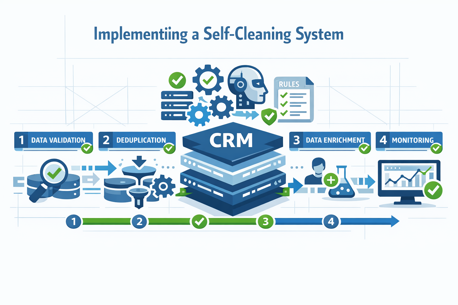 Create a modern flat vector hero banner for a B2B SaaS article titled Implementing a SelfCleaning SystemStyle technical structured solutionoriented en-1