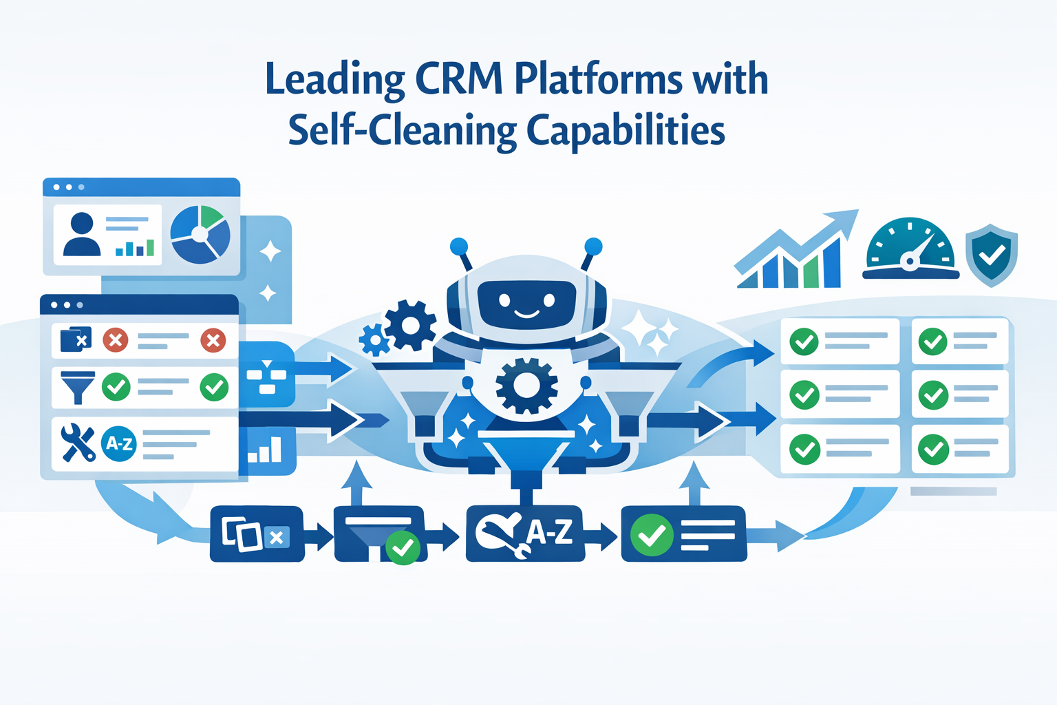 Create a modern flat vector hero banner for a B2B SaaS article titled Leading CRM Platforms with SelfCleaning CapabilitiesStyle enterprise tech clean-1