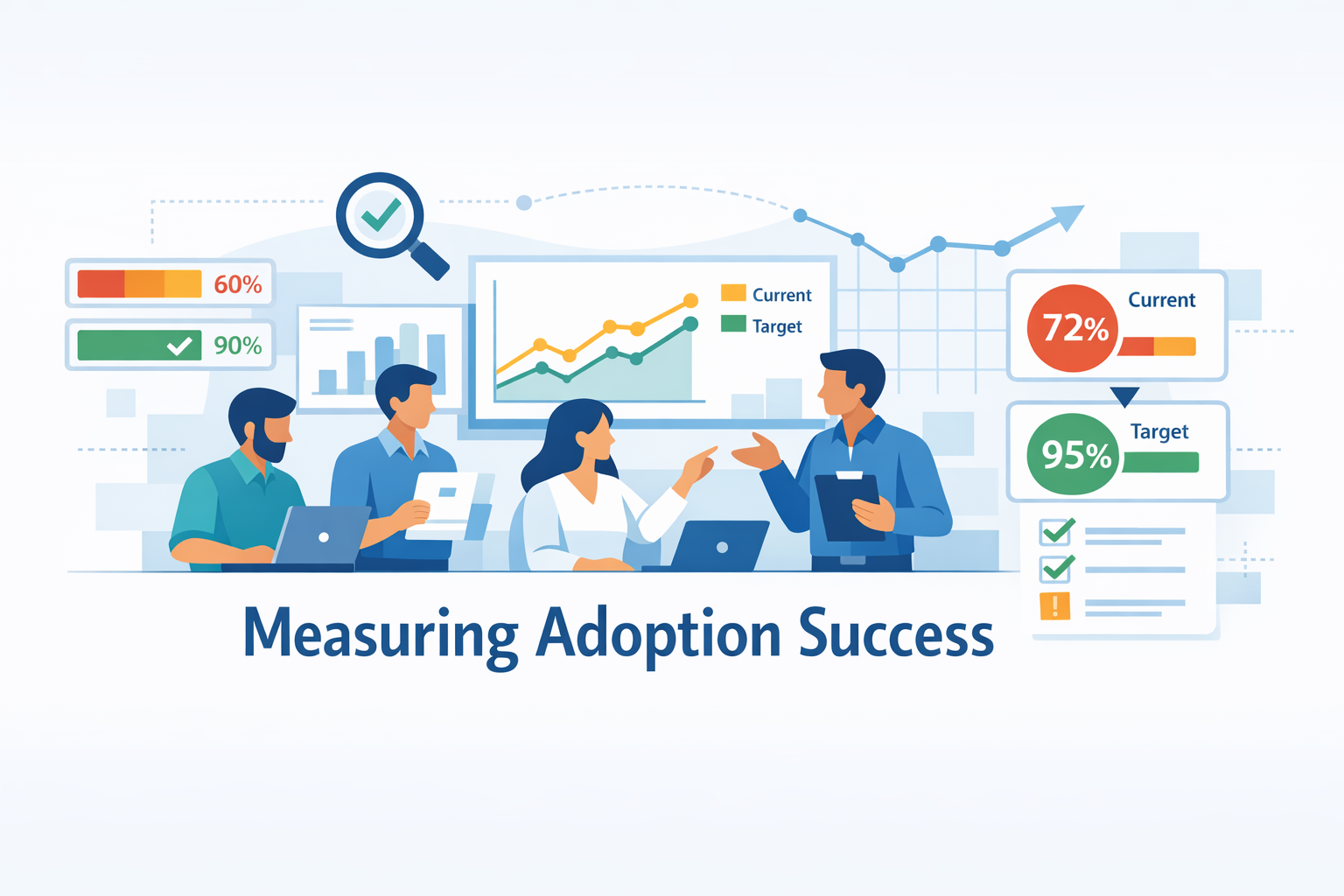 Create a modern flat vector hero banner for a B2B SaaS article titled Measuring Adoption SuccessStyle professional analytical smallteam friendly enter