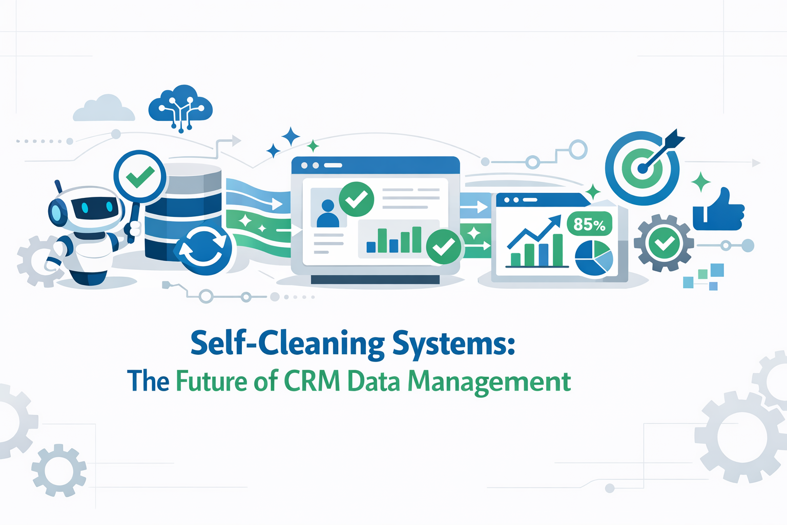 Create a modern flat vector hero banner for a B2B SaaS article titled SelfCleaning Systems The Future of CRM Data ManagementStyle enterprise futuristi-1