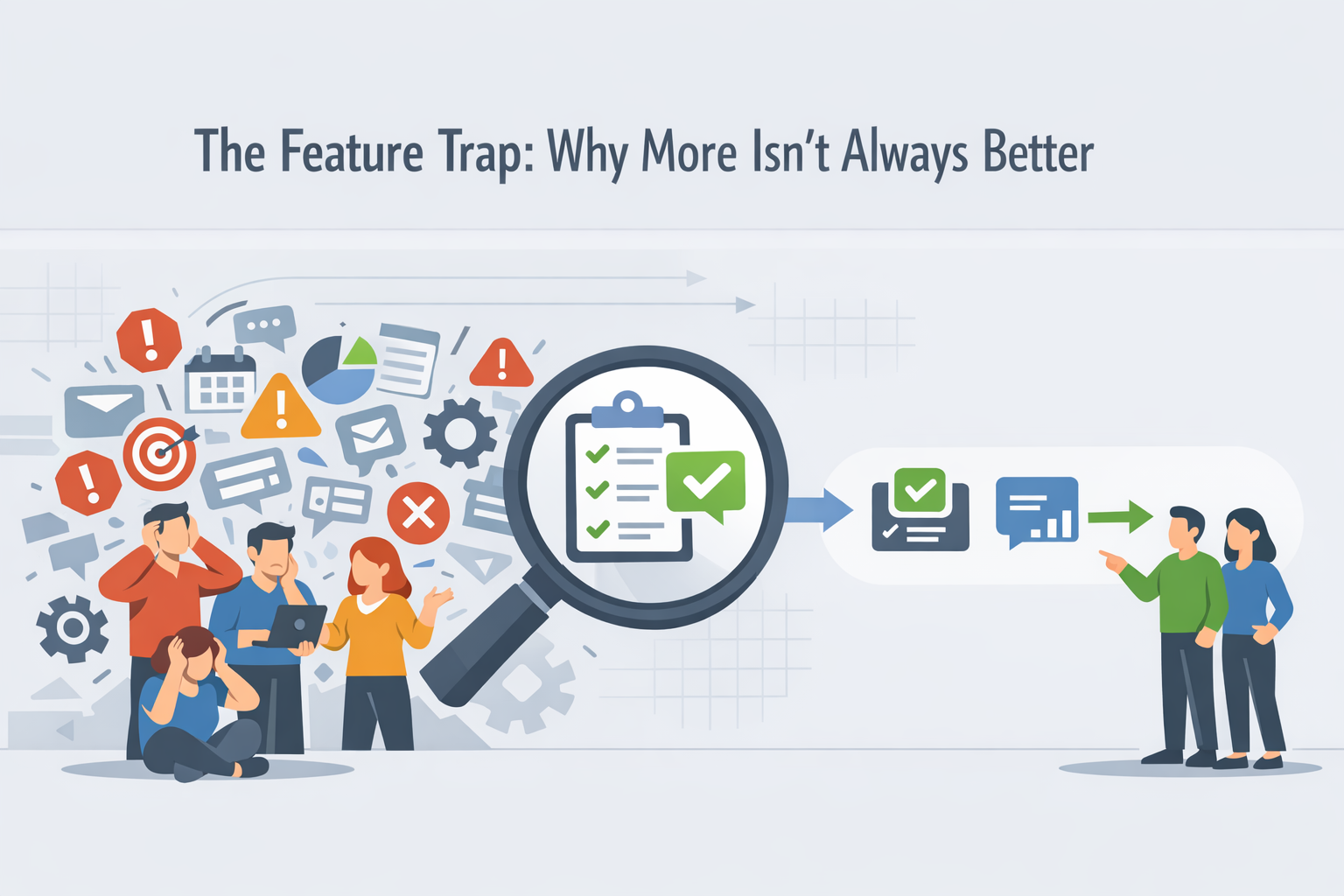Create a modern flat vector hero banner for a B2B SaaS article titled The Feature Trap Why More Isnt Always BetterStyle educational cautionary smallte-1