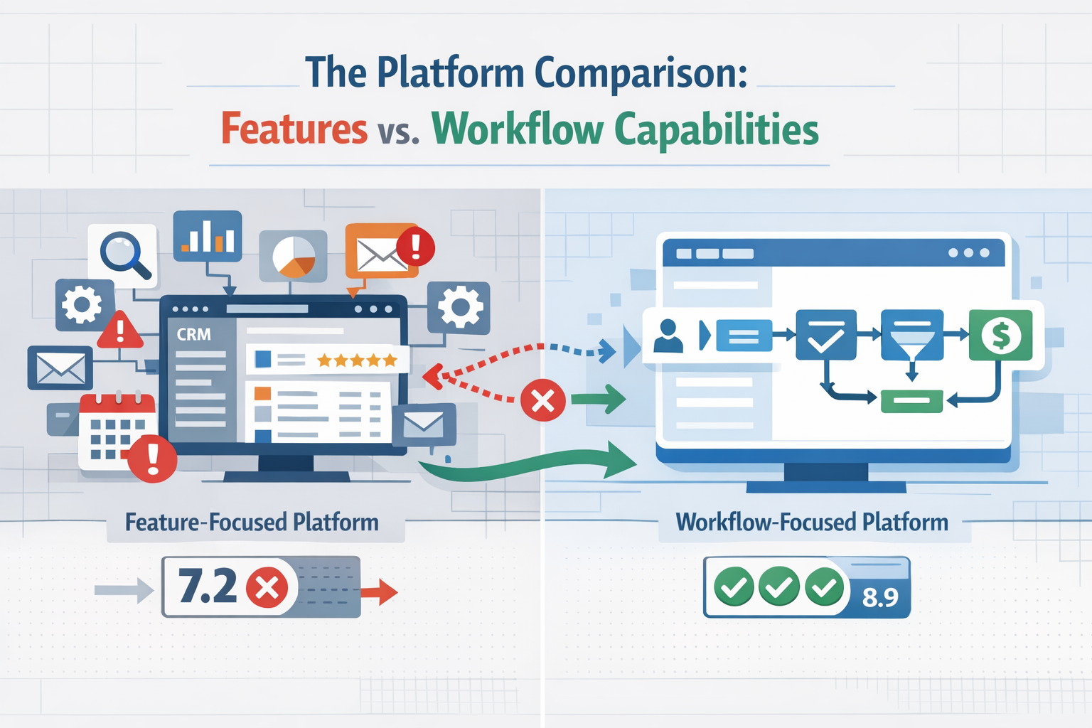 Create a modern flat vector hero banner for a B2B SaaS article titled The Platform Comparison Features vs Workflow CapabilitiesStyle analytical struct-1