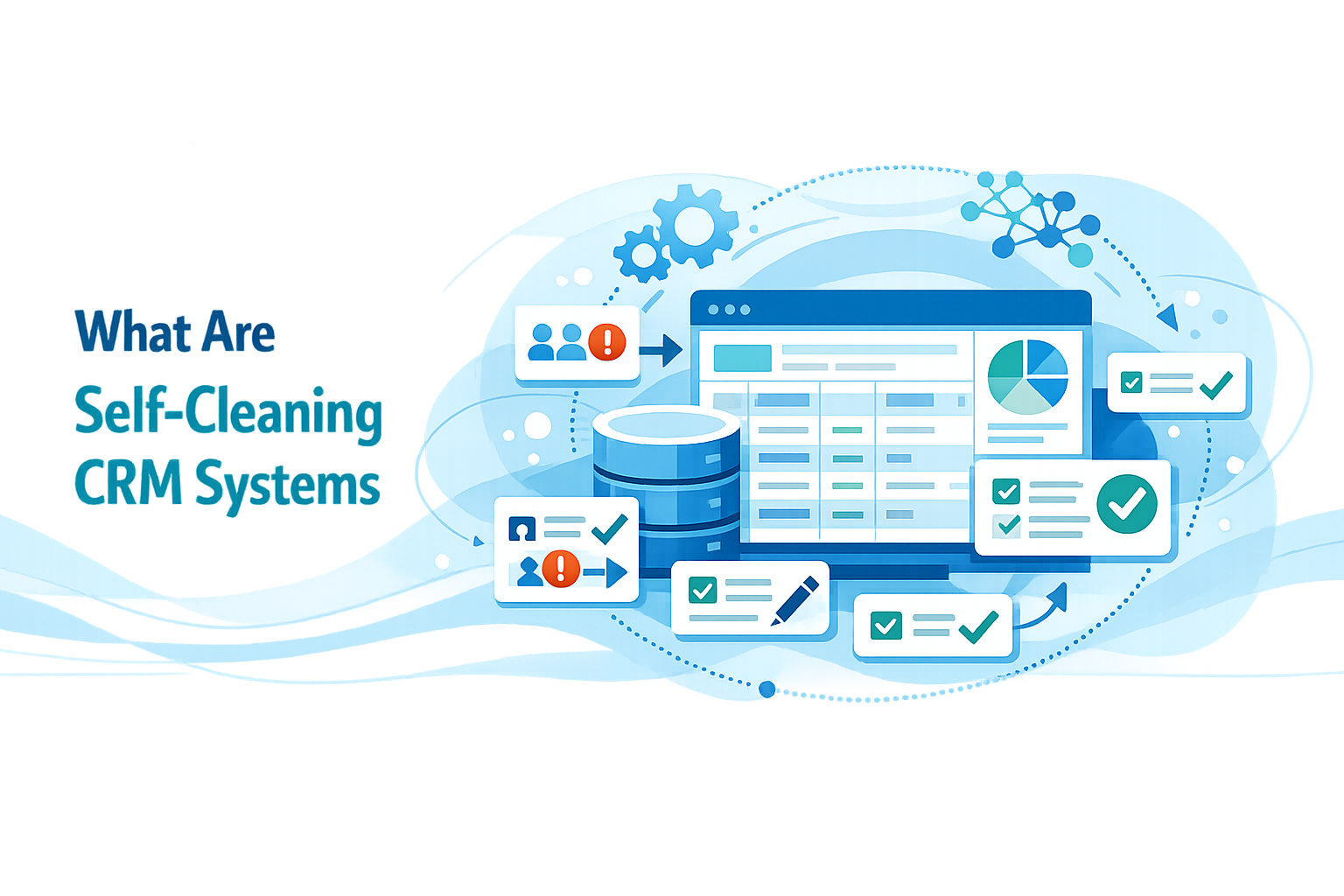 Create a modern flat vector hero banner for a B2B SaaS article titled What Are SelfCleaning CRM SystemsStyle futuristic intelligent clean and reassuri-1