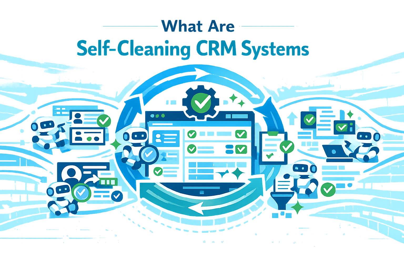 Create a modern flat vector hero banner for a B2B SaaS article titled What Are SelfCleaning CRM SystemsStyle futuristicbutpractical enterprise SaaS AI