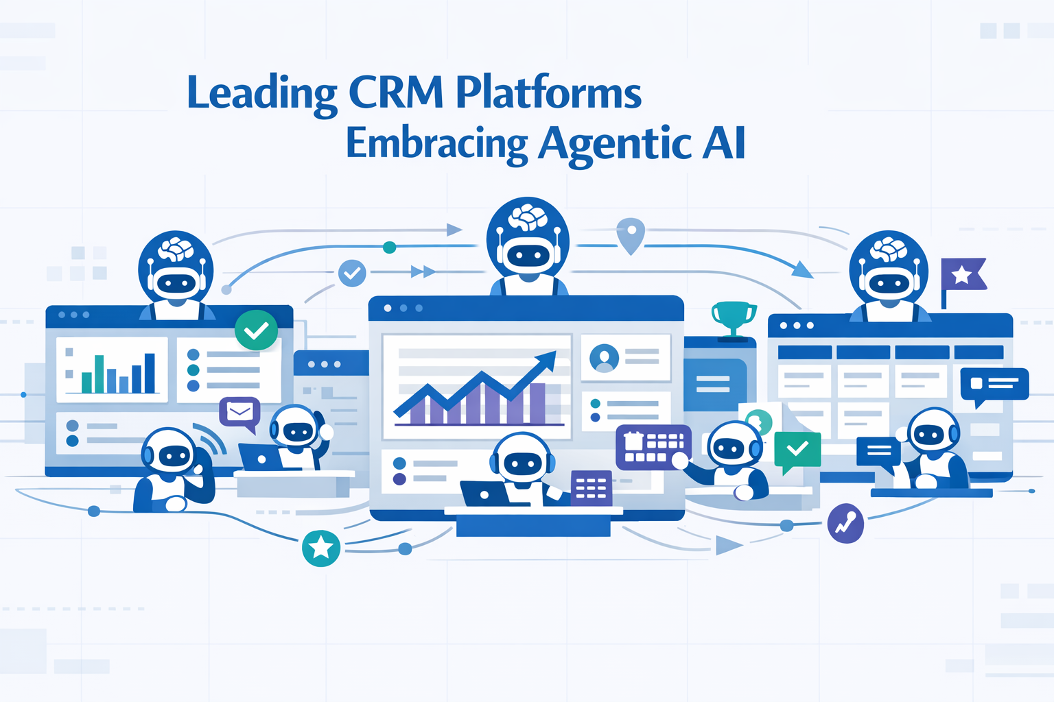 Create a modern flat vector hero banner for a B2B SaaS marketoverview article titled Leading CRM Platforms Embracing Agentic AIStyle enterprise CRM A-1