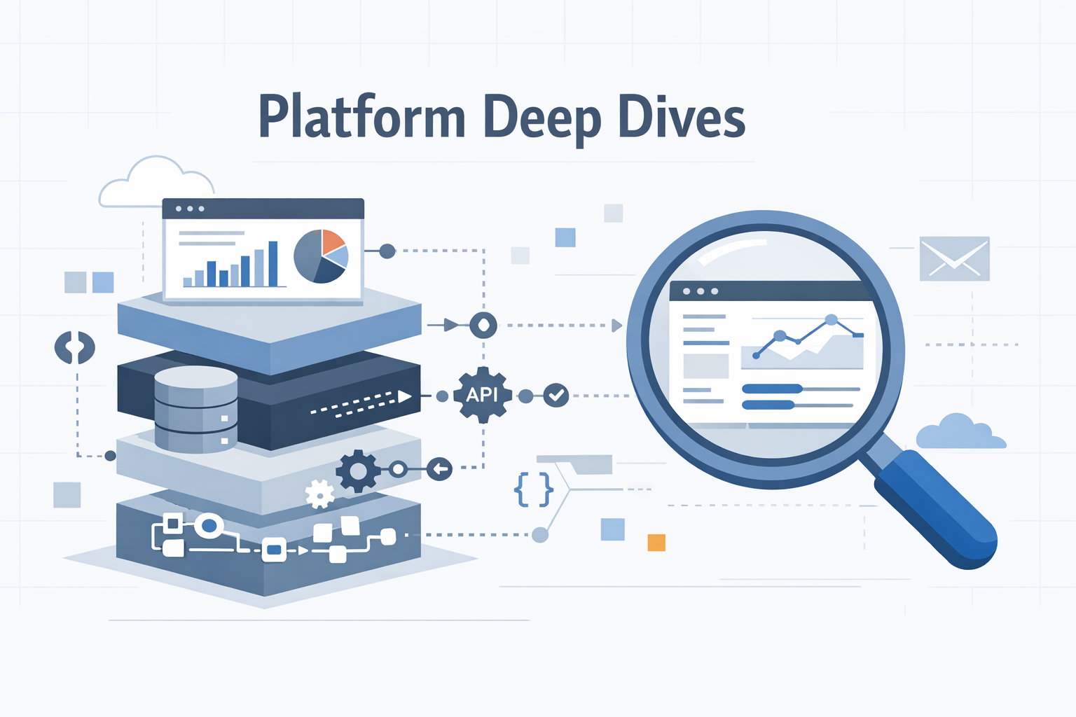 Create a modern flat vector hero banner for a B2B content category titled Platform Deep DivesStyle enterprise SaaS clean modular analytical flat desig-1