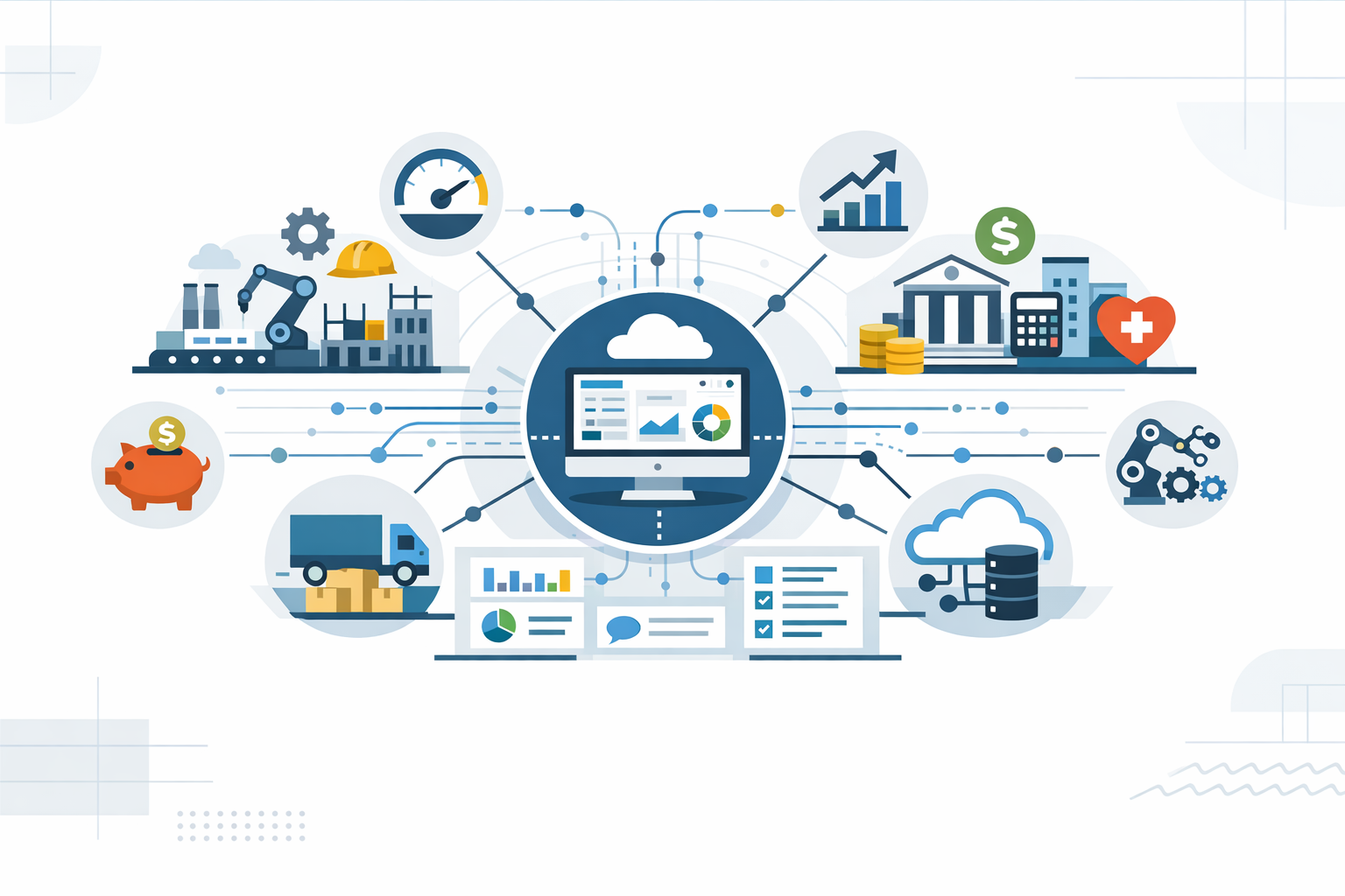 Create a modern flat vector hero banner for a crossindustry technology article titled RealWorld Applications Across IndustriesStyle enterprise versati