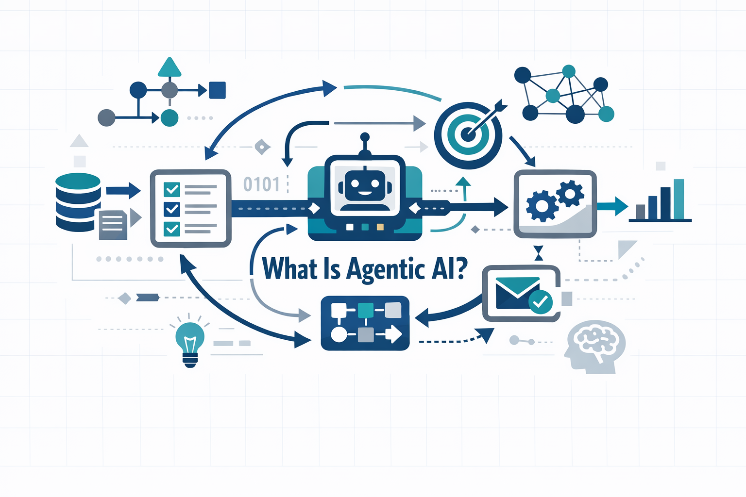 Create a modern flat vector hero banner for a technology explainer article titled What Is Agentic AIStyle enterprise AI analytical clean flat designVi-1