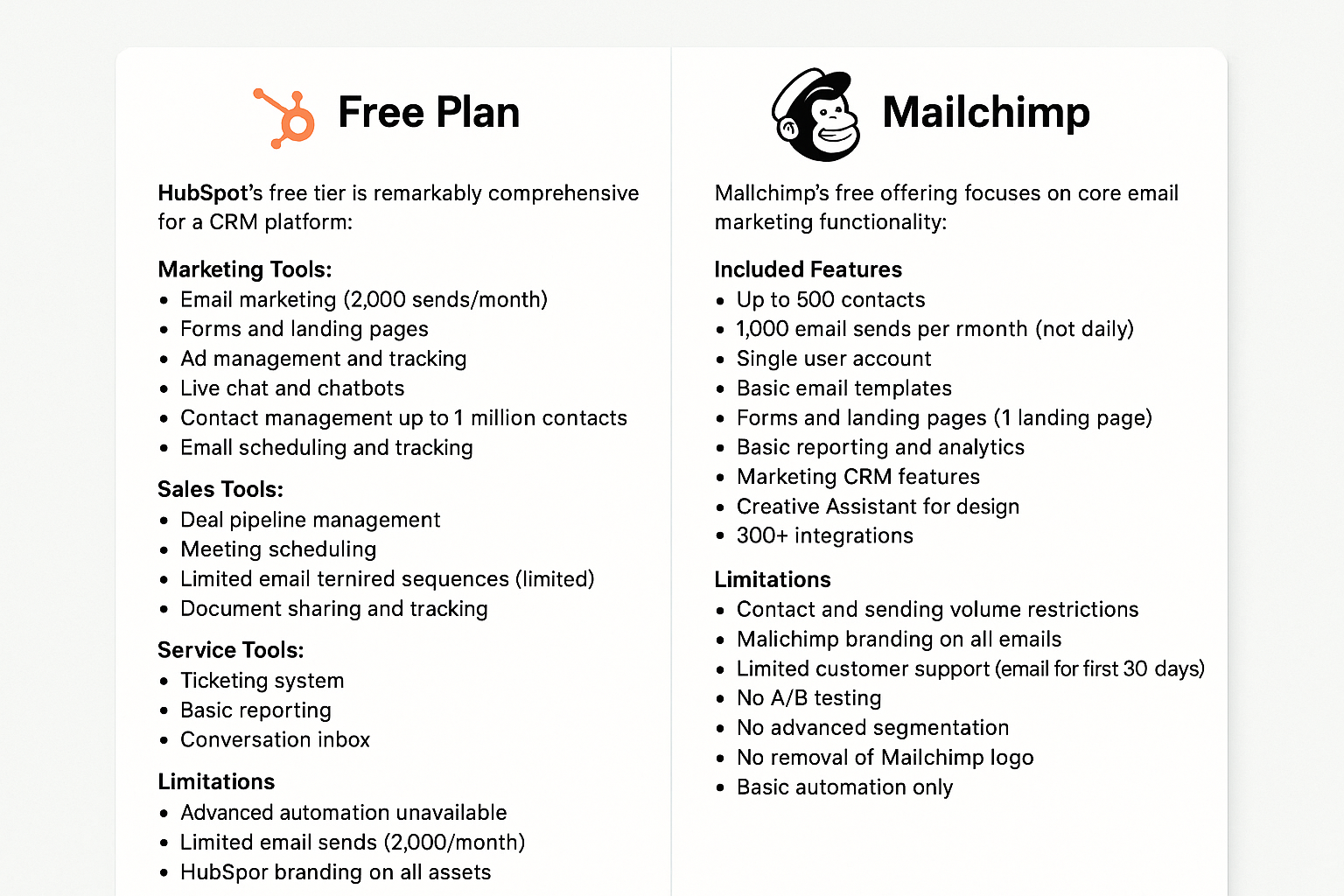 Free Plan AnalysisHubSpot Free PlanHubSpots free tier is remarkably comprehensive for a CRM platformMarketing ToolsEmail marketing 2000 sendsmonthForm