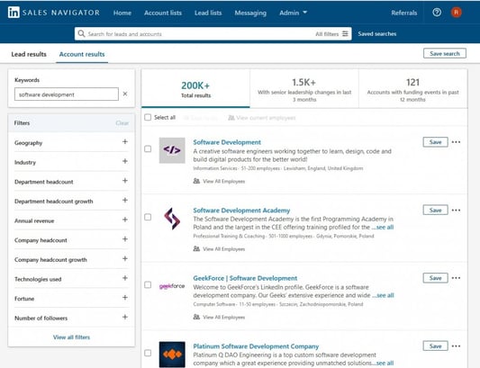 LinkedIn Sales Navigator dashboard for accounts