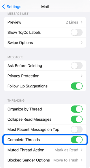 Apple mail on iOS Complete Threads toggle setting