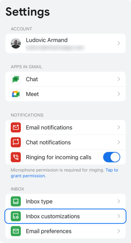 Gmail mobile app Inbox customizations settings