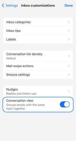 Gmail mobile app Conversation view toggle