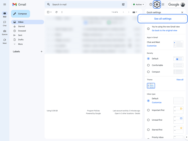 Gmail web app settings