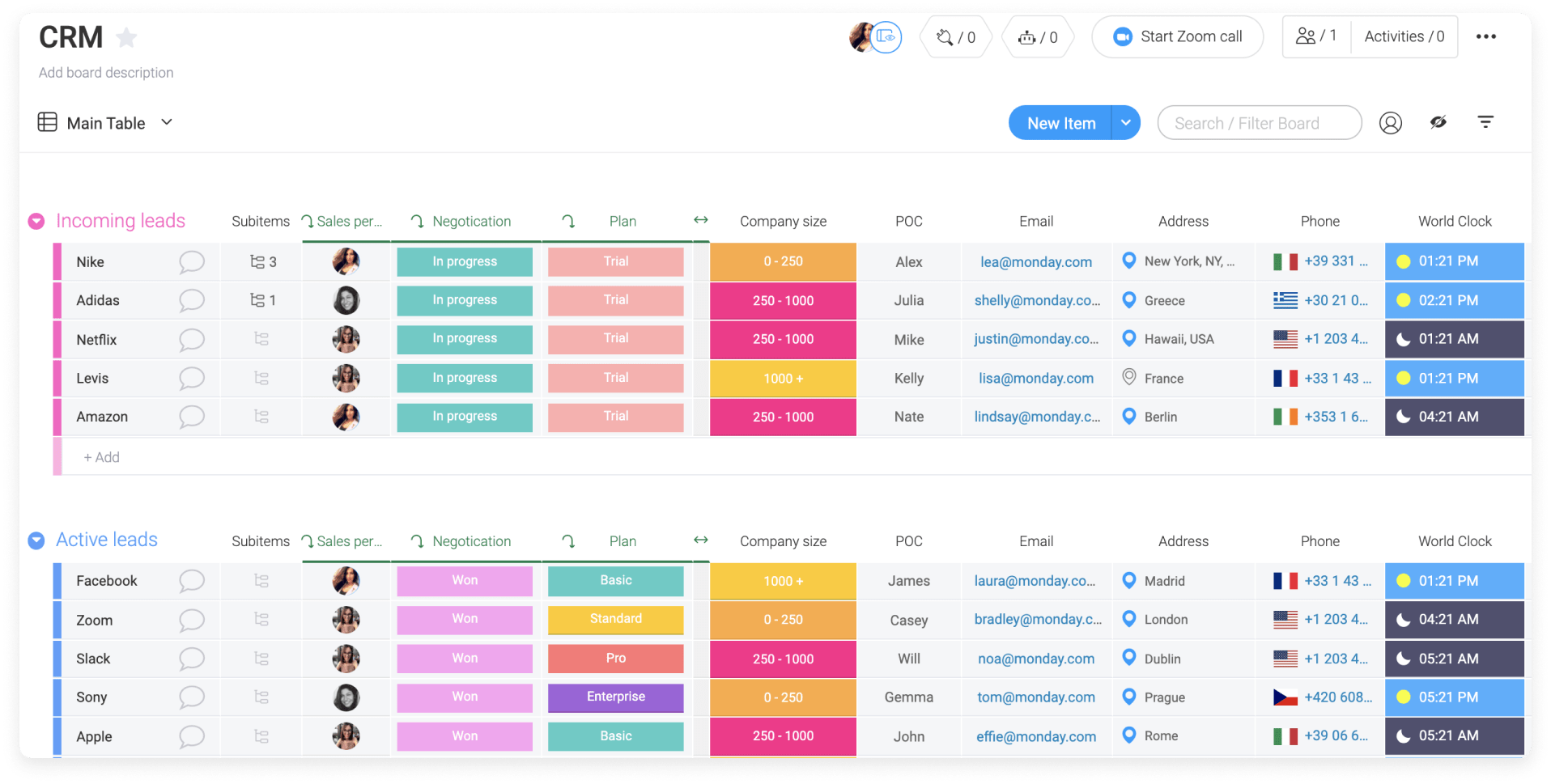 monday sales CRM-interface