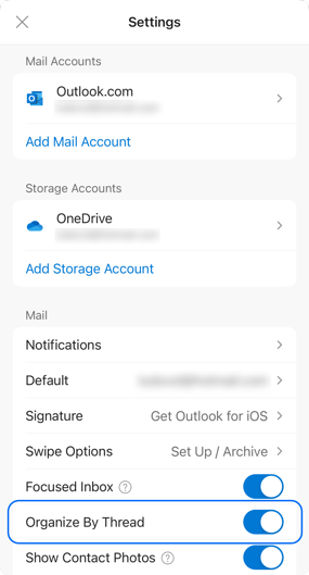 Outlook mobile app Organize By Thread toggle setting