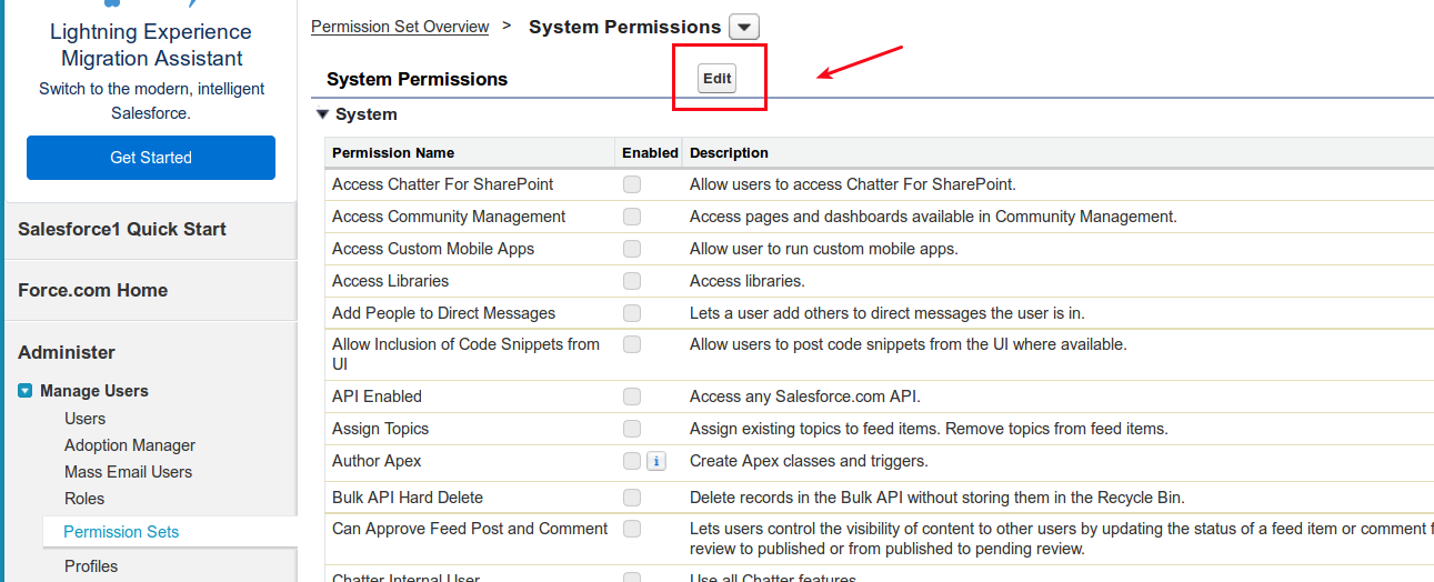 ‘Edit’ on top of the System Permissions list